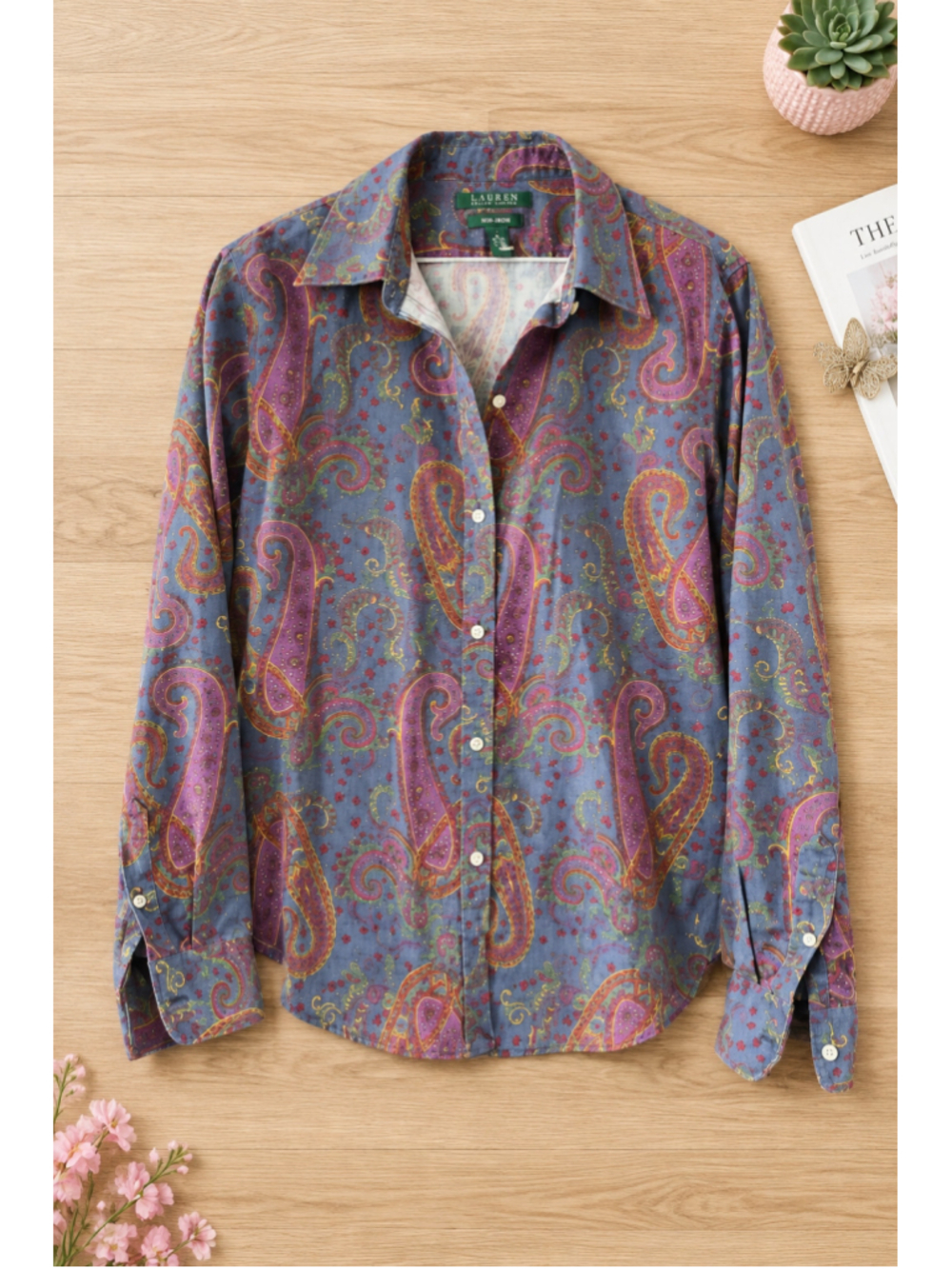 Lauren Ralph Lauren Purple Paisley Non-Iron Button Up Shirt size L